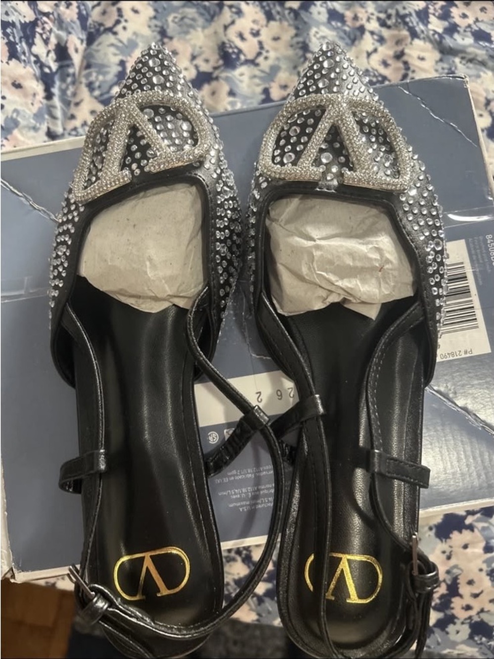 Women's Black Crystal-Embellished Pointed Slingback Flats